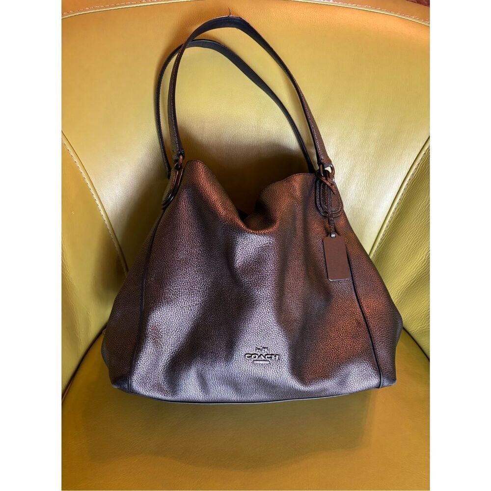 Coach Edie 31 Metallic Gunmetal Pebble Leather Shoulder Bag Hobo Tote